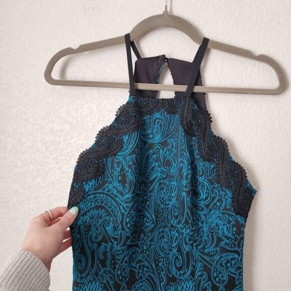 TRINA TURK Sheath Cocktail Dress Halter Neckline Lace brocade NEW teal black 2 - Picture 11 of 11